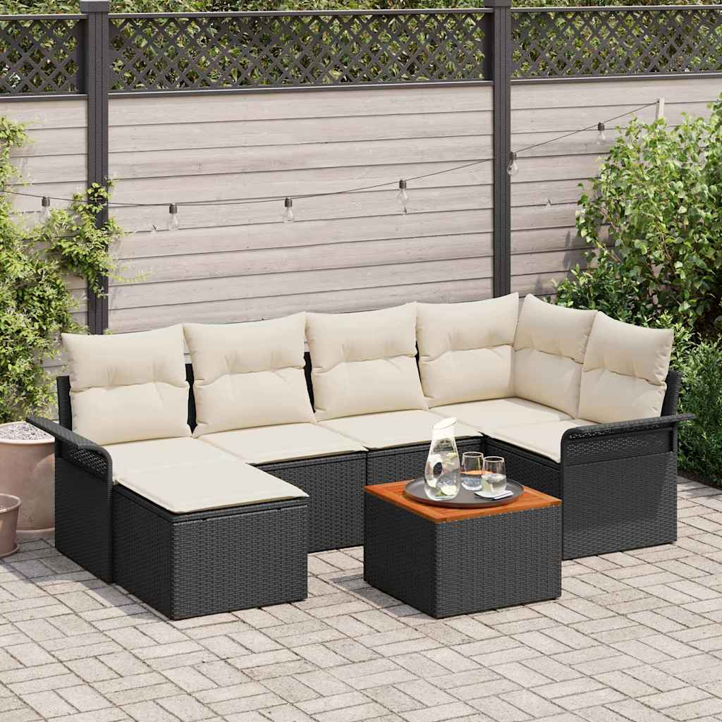 Garten-Sofa-Set mit Kissen mit Speicher 7 pcs Schwarz und Creme